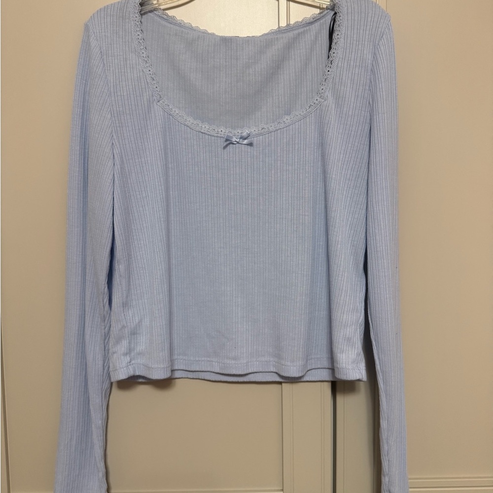 Light Blue Women's Long Sleeve Bow Top